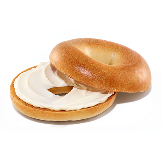 A plain bagel topped with cream cheese